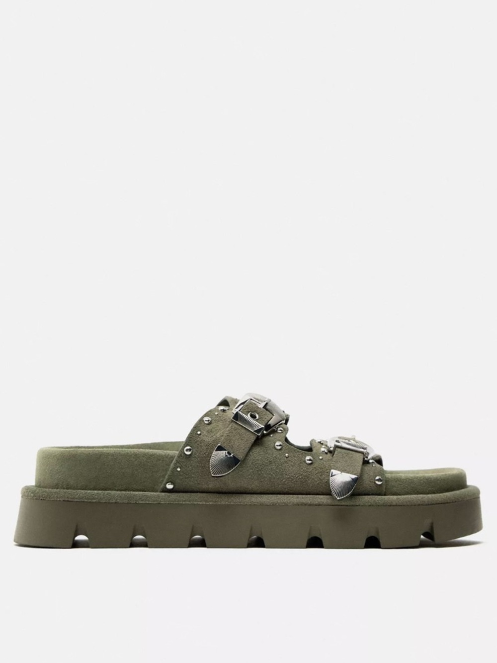Zara Green Studded Double-Buckle Platform Sandals